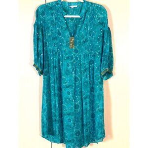 Boho Coastal Rebecca Taylor Blue Dress Sheer Size 2 Shift Beach Cover Sequins